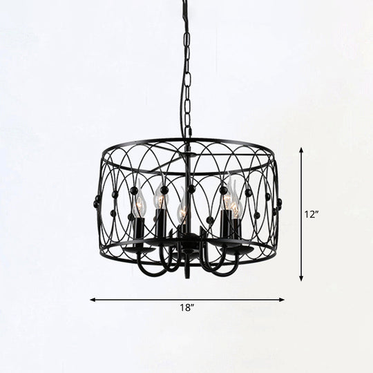 Rustic Black Drum Chandelier - 6-Head Metal Pendant Ceiling Light For Living Room Candle Design