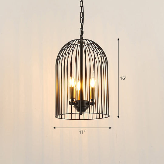 Birdcage Pendant Chandelier - Traditional Metal 3 Lights Black With Candle Shades