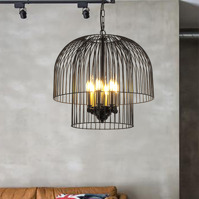 Traditional Black 6-Light Chandelier Pendant Lamp - Metal Wire Cage Fixture For Living Room