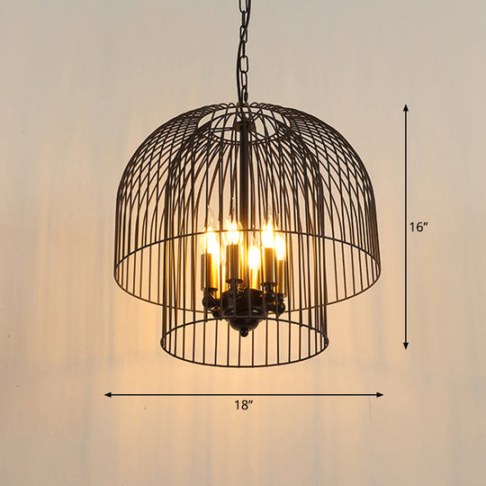 Traditional Black 6-Light Chandelier Pendant Lamp - Metal Wire Cage Fixture For Living Room