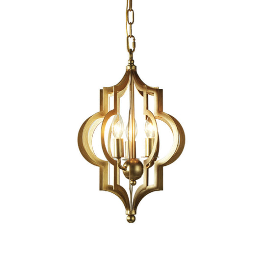 Traditional Gold Metal Hanging Candle Chandelier With Cage For Dining Room - 3 Bulbs 12.5/28 Wide