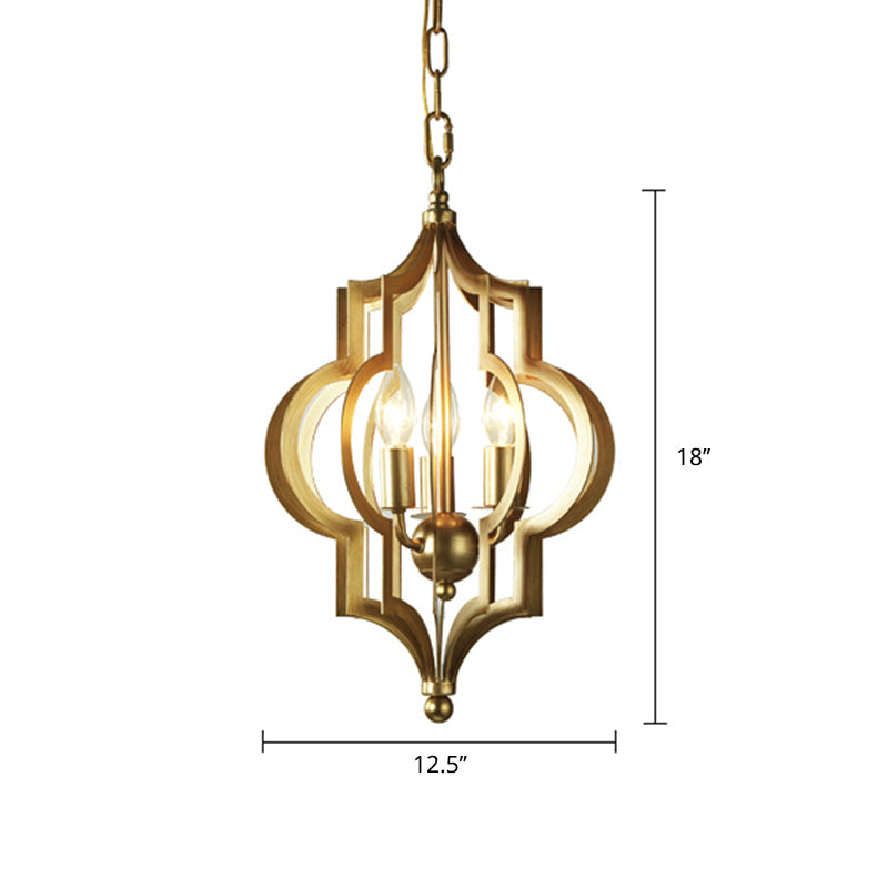 Traditional Gold Metal Hanging Candle Chandelier With Cage For Dining Room - 3 Bulbs 12.5/28 Wide