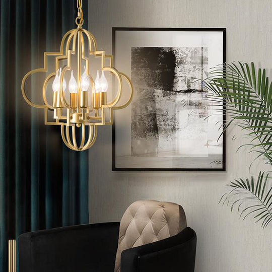 Metal Gold Pendant Chandelier With 6 Light Candle Shade - Classic Fixture For Bedroom