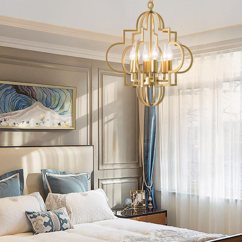 Metal Gold Pendant Chandelier With 6 Light Candle Shade - Classic Fixture For Bedroom