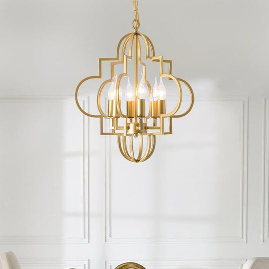 Metal Gold Pendant Chandelier With 6 Light Candle Shade - Classic Fixture For Bedroom