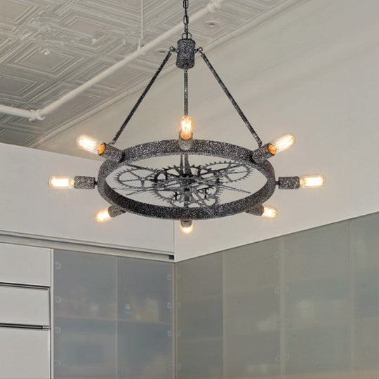 Industrial Hanging Chandelier With Exposed Bulb Design - 7/8 Bulbs Iron Frame Black/Silver Gear