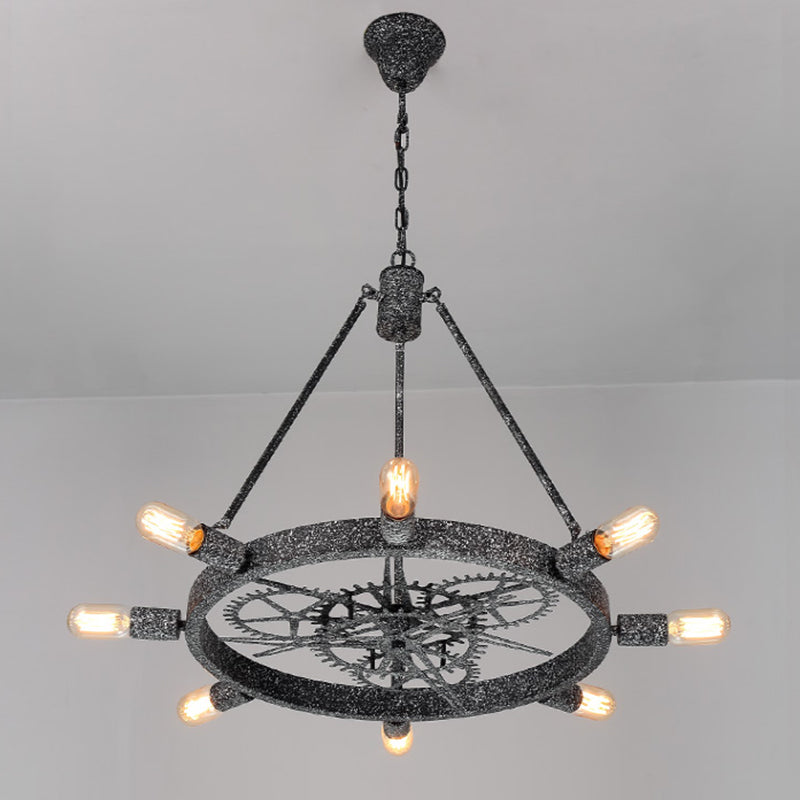 Industrial Hanging Chandelier With Exposed Bulb Design - 7/8 Bulbs Iron Frame Black/Silver Gear