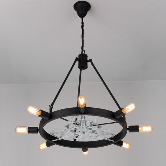 Industrial Hanging Chandelier With Exposed Bulb Design - 7/8 Bulbs Iron Frame Black/Silver Gear