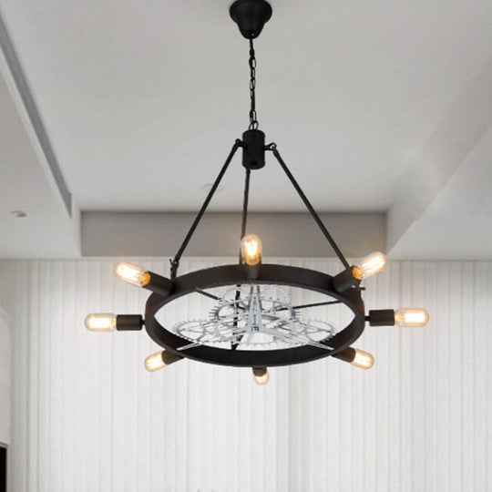 Industrial Hanging Chandelier With Exposed Bulb Design - 7/8 Bulbs Iron Frame Black/Silver Gear