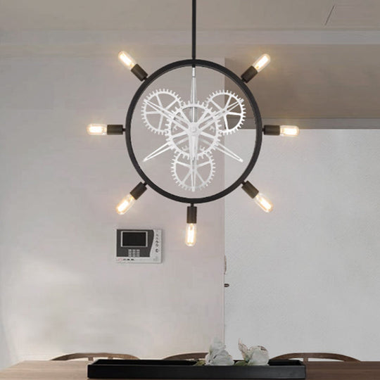 Industrial Hanging Chandelier With Exposed Bulb Design - 7/8 Bulbs Iron Frame Black/Silver Gear