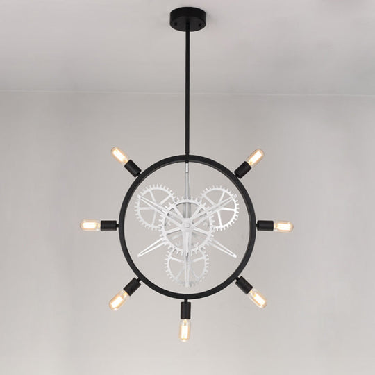 Industrial Hanging Chandelier With Exposed Bulb Design - 7/8 Bulbs Iron Frame Black/Silver Gear