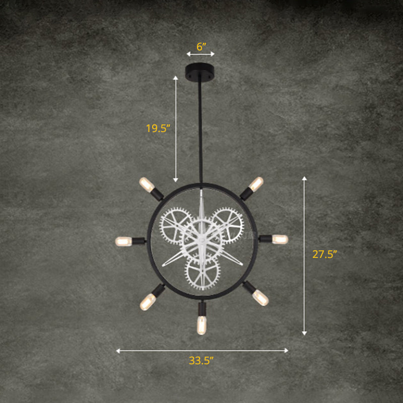 Industrial Hanging Chandelier With Exposed Bulb Design - 7/8 Bulbs Iron Frame Black/Silver Gear