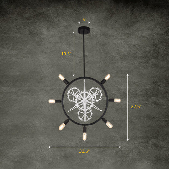 Industrial Hanging Chandelier With Exposed Bulb Design - 7/8 Bulbs Iron Frame Black/Silver Gear