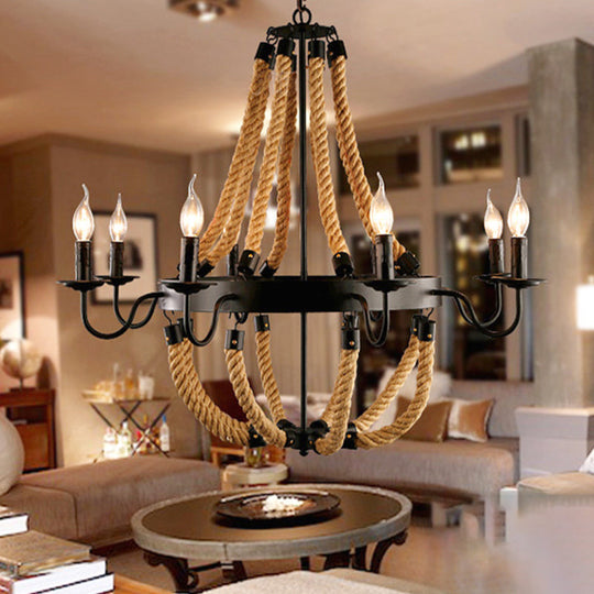 Loft Style Candelabrum Chandelier With 8 Bulbs And Hemp Rope - Black Hanging Lamp For Living Room /