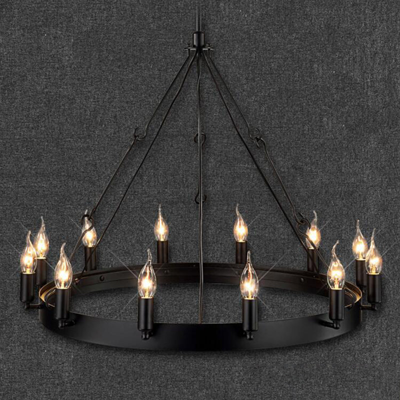 Industrial Black Iron Circle Chandelier With 12/18 Lights Bare Bulb Design - Hanging Lamp Kit