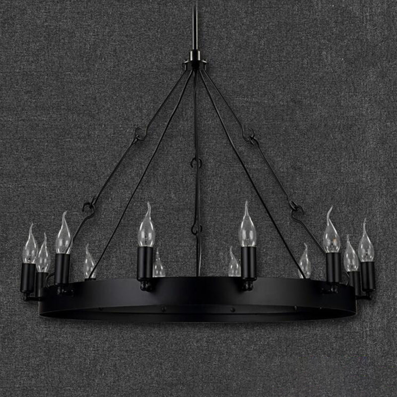 Industrial Black Iron Circle Chandelier With 12/18 Lights Bare Bulb Design - Hanging Lamp Kit