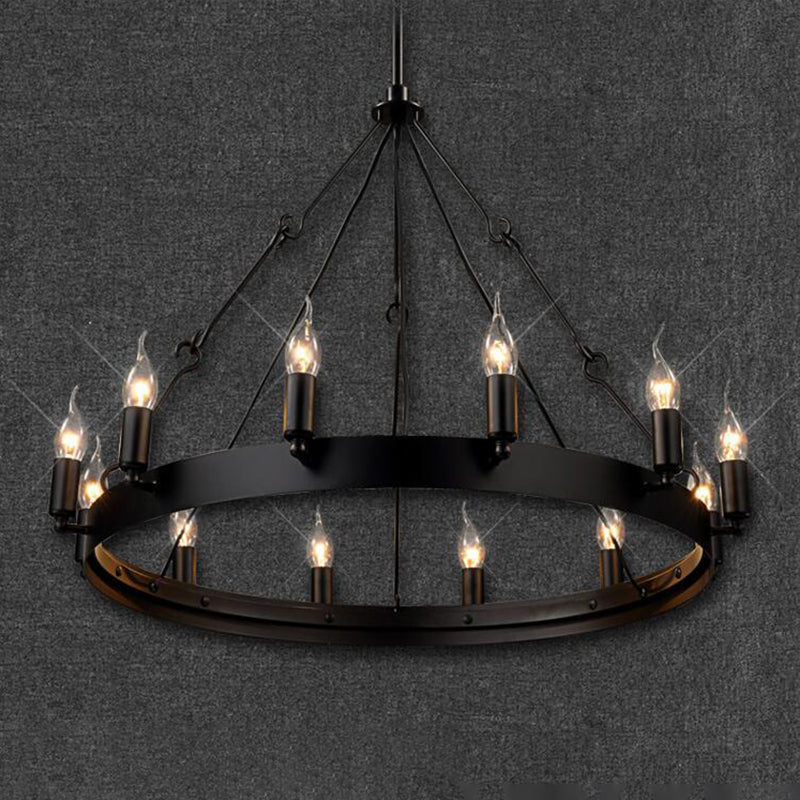 Industrial Black Iron Circle Chandelier With 12/18 Lights Bare Bulb Design - Hanging Lamp Kit