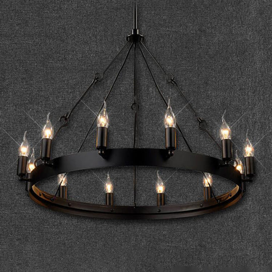 Industrial Black Iron Circle Chandelier With 12/18 Lights Bare Bulb Design - Hanging Lamp Kit