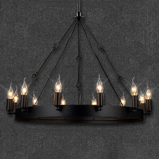 Industrial Black Iron Circle Chandelier With 12/18 Lights Bare Bulb Design - Hanging Lamp Kit