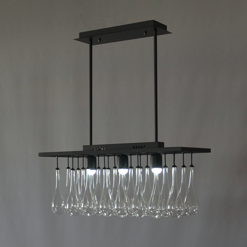 Traditional Black Island Pendant Light with 3 Clear Glass Rectangles: Warm/White Light