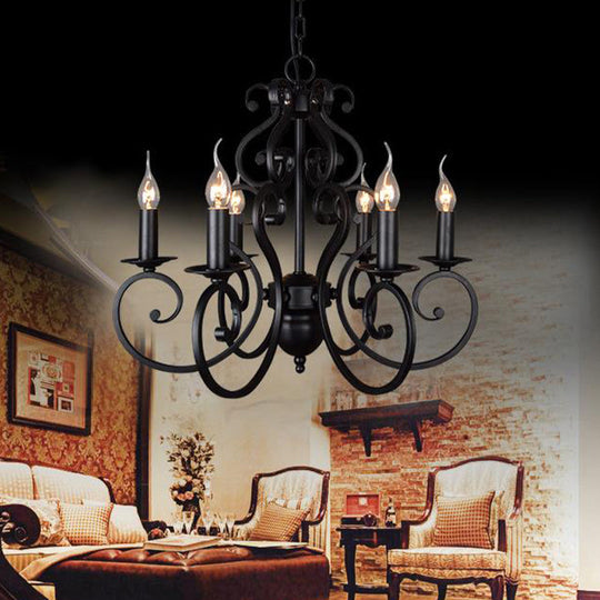 Classic Black Swirled Arm Pendant Chandelier 5/6 Lights Metal Fixture For Living Room Ceiling