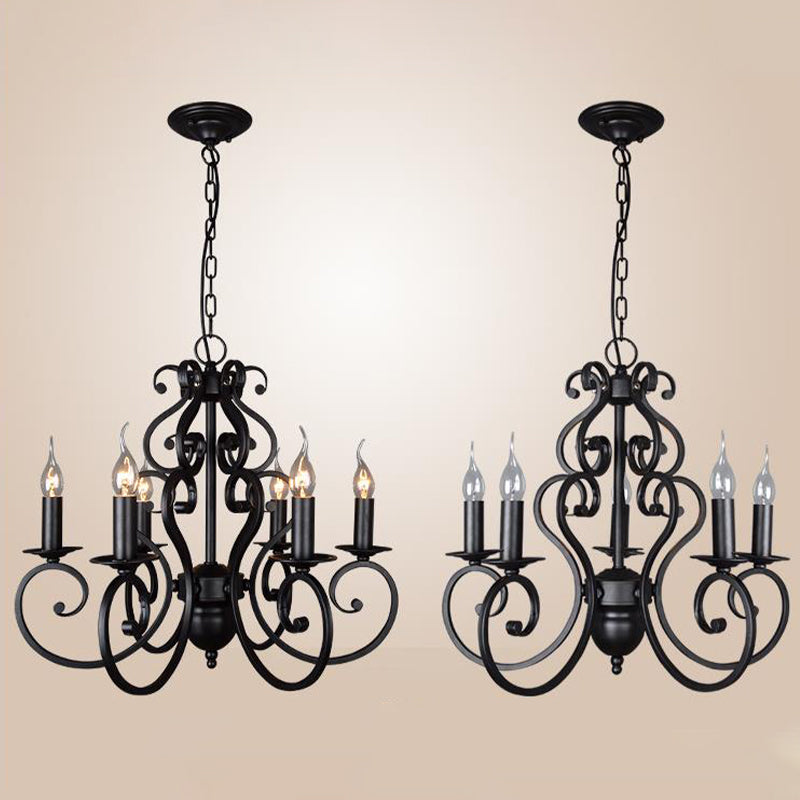 Classic Black Swirled Arm Pendant Chandelier 5/6 Lights Metal Fixture For Living Room Ceiling