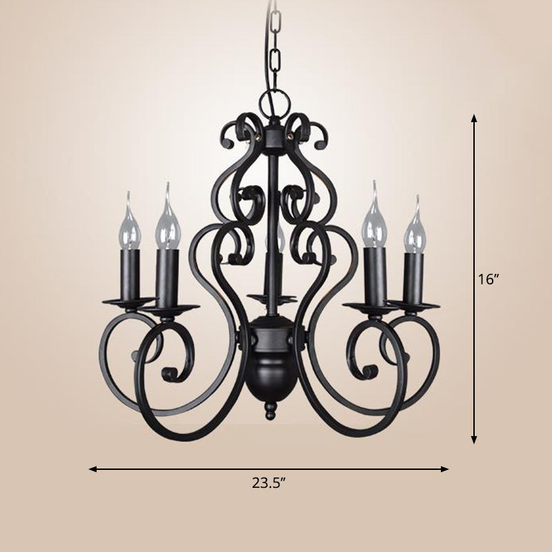 Classic Black Swirled Arm Pendant Chandelier 5/6 Lights Metal Fixture For Living Room Ceiling