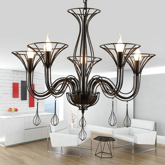 Classic Dark Brown Scrolled Arm Pendant Chandelier - 5/6-Light Metal Fixture For Living Room