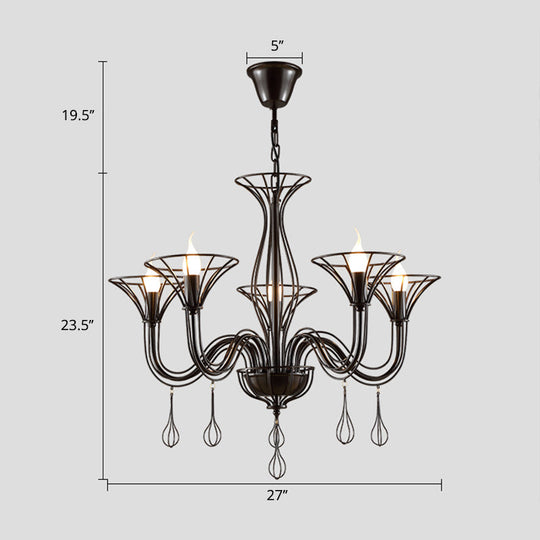 Classic Dark Brown Scrolled Arm Pendant Chandelier - 5/6-Light Metal Fixture For Living Room