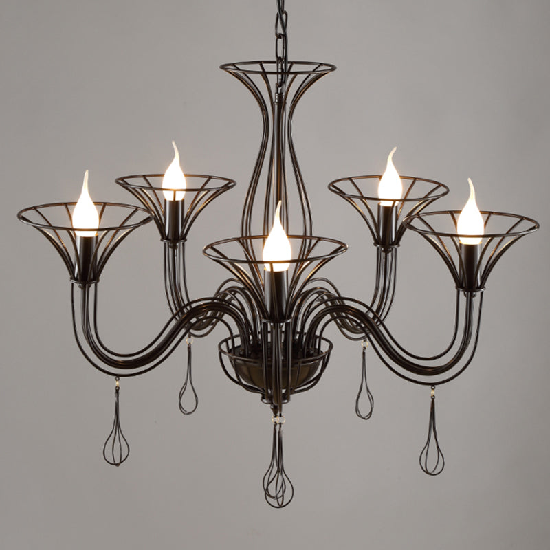 Classic Dark Brown Scrolled Arm Pendant Chandelier - 5/6-Light Metal Fixture For Living Room