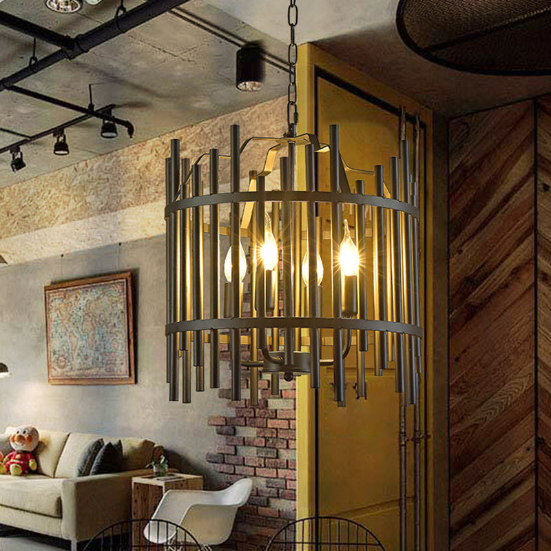 Traditional 4-Light Metal Chandelier - Strapped Cage Design For Dining Room Pendant Lighting