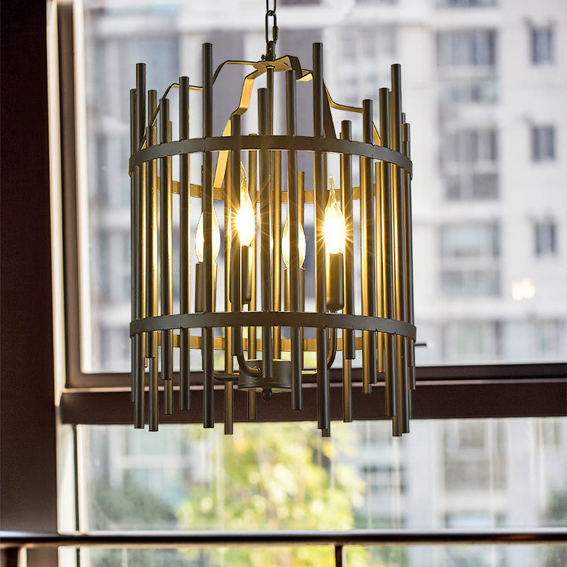 Traditional 4-Light Metal Chandelier - Strapped Cage Design For Dining Room Pendant Lighting