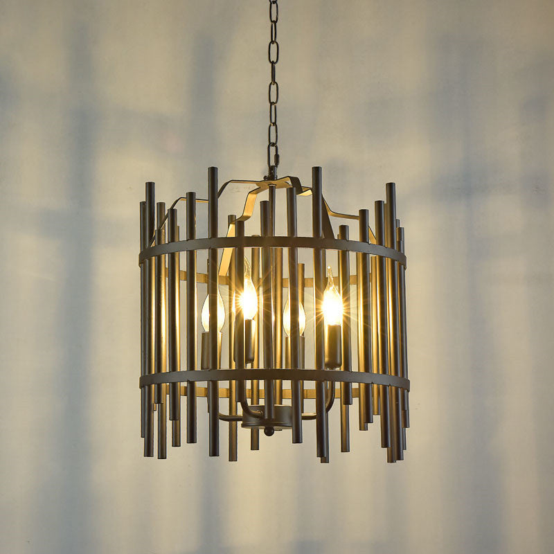 Traditional 4-Light Metal Chandelier - Strapped Cage Design For Dining Room Pendant Lighting