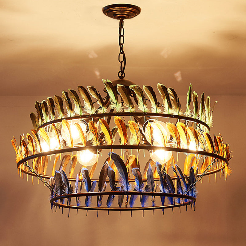 Yellow Traditional Metal Pendant Chandelier - Ring Living Room Light Fixture With 6 Hanging Lights