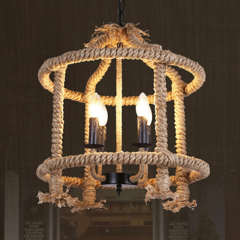 Beige 4-Light Chandelier: Traditional Rope Cylinder Pendant Lamp For Dining Room