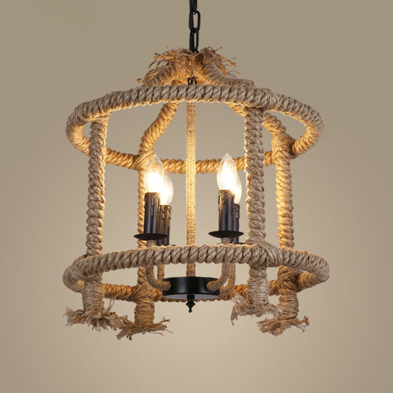 Beige 4-Light Chandelier: Traditional Rope Cylinder Pendant Lamp For Dining Room