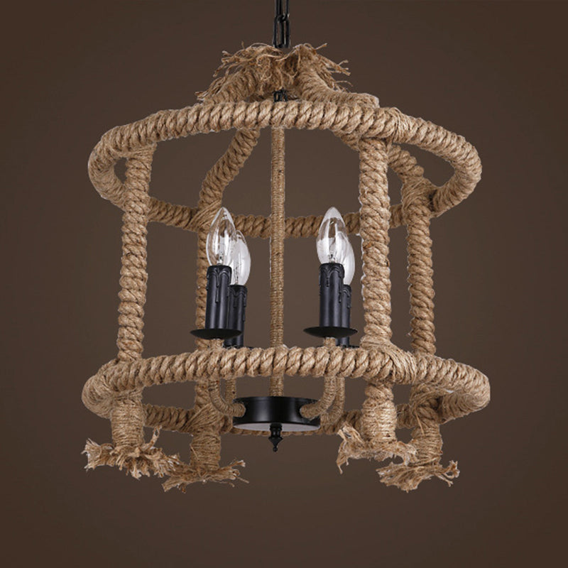 Beige 4-Light Chandelier: Traditional Rope Cylinder Pendant Lamp For Dining Room