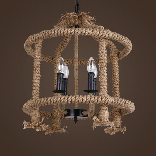 Beige 4-Light Chandelier: Traditional Rope Cylinder Pendant Lamp For Dining Room