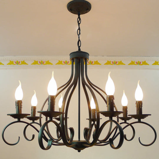 Traditional Black Candle-Style Chandelier - 8-Light Metal Hanging Pendant For Living Room