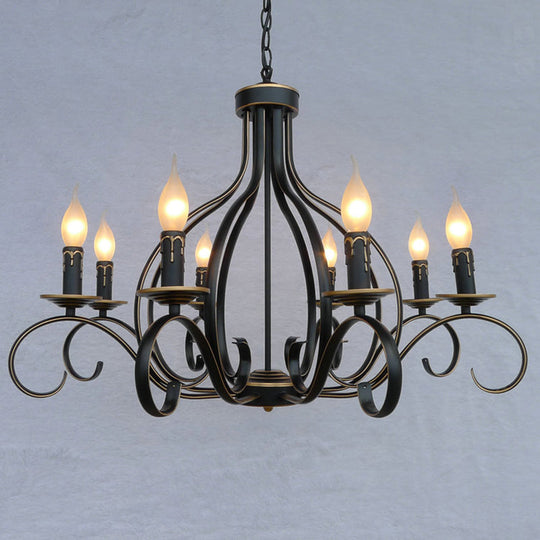 Traditional Black Candle-Style Chandelier - 8-Light Metal Hanging Pendant For Living Room