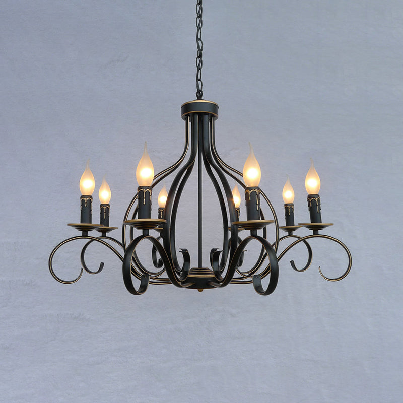 Traditional Black Candle-Style Chandelier - 8-Light Metal Hanging Pendant For Living Room