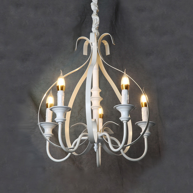 Traditional White Metal Chandelier Light With Swooping Arms 5 Lights For Dining Room Pendant