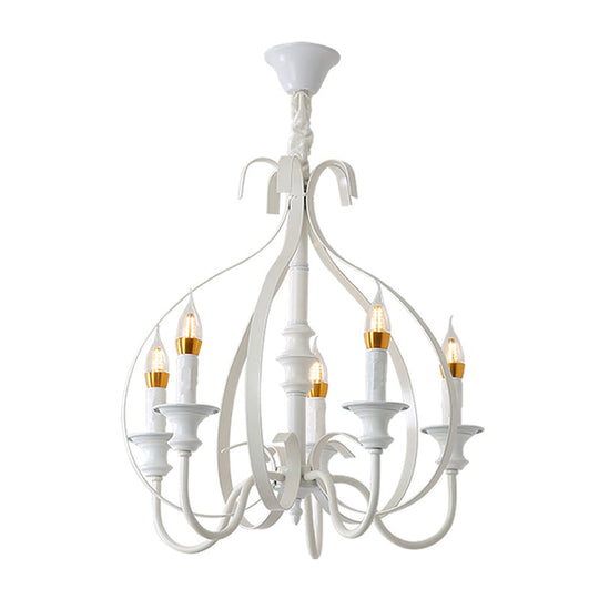 Traditional White Metal Chandelier Light With Swooping Arms 5 Lights For Dining Room Pendant