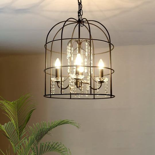 Classic Birdcage 4-Light Pendant Chandelier In Black With Crystal Draping