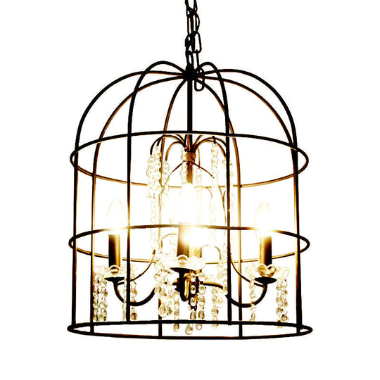 Classic Birdcage 4-Light Pendant Chandelier In Black With Crystal Draping