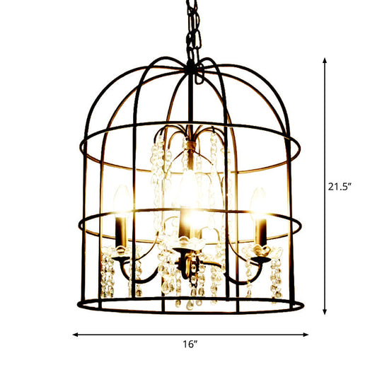 Classic Birdcage 4-Light Pendant Chandelier In Black With Crystal Draping