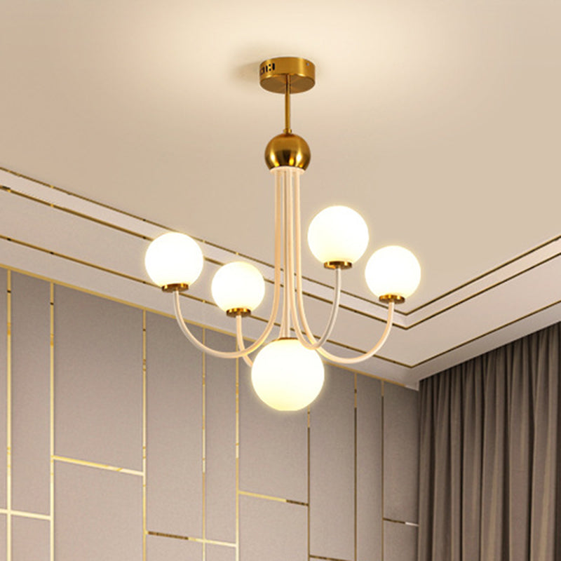 Modern Curved Arm Chandelier With Sputnik Design & White Glass - Led Hanging Light Fixture (5/7