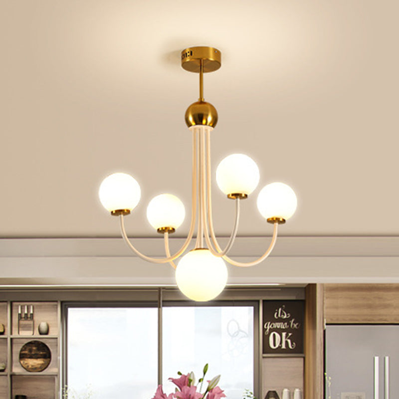 Modern Curved Arm Chandelier With Sputnik Design & White Glass - Led Hanging Light Fixture (5/7