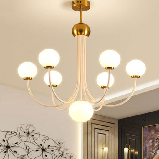 Modern Curved Arm Chandelier With Sputnik Design & White Glass - Led Hanging Light Fixture (5/7