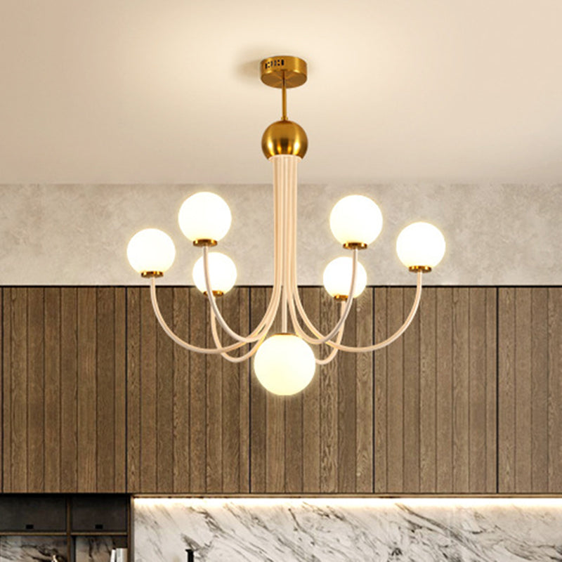 Modern Curved Arm Chandelier With Sputnik Design & White Glass - Led Hanging Light Fixture (5/7